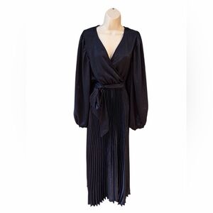 Aura Navy Blue Dress with Pleated Skirt & Billowy Long Sleeves Size Small